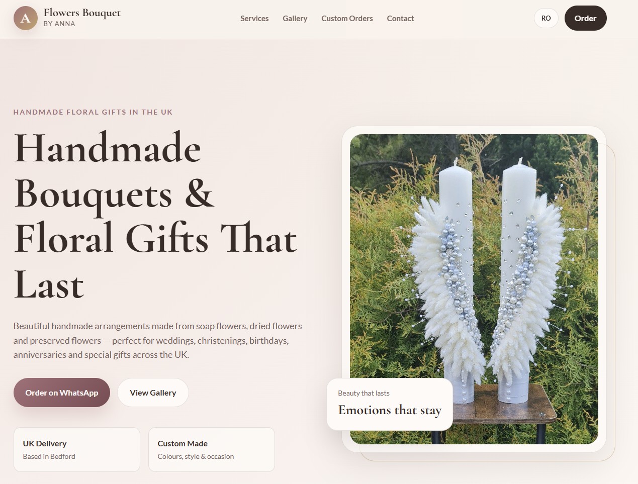 Flowers Bouquet By Anna homepage hero section showing handmade floral gifts, WhatsApp order button, UK delivery, and custom-made service cards